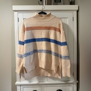 Light Pink Striped Mock Neck Sweater - Blue & Rust Accent